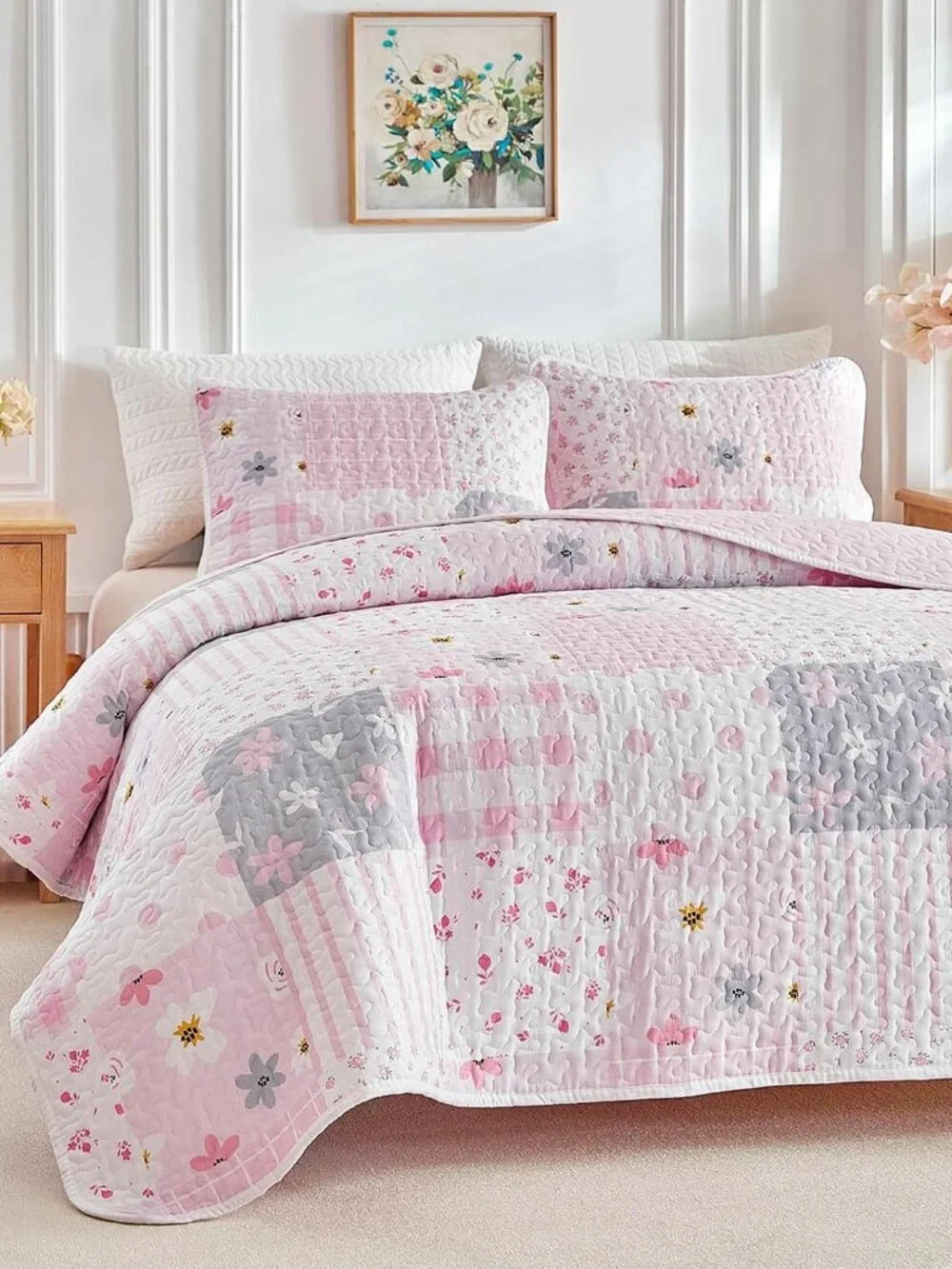 Floral Patchwork Quilt Set Twin Size, 2 Pieces Pink Flower Plaid Bedspread Cover